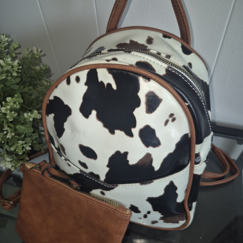 Cow Print Backpack with Tan Accents